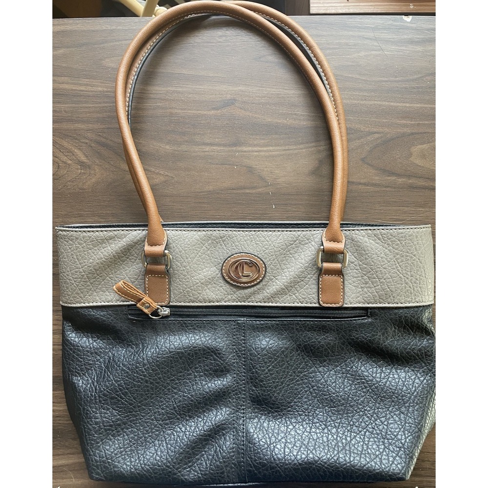 CL Carryland Tan & Black Satchel Purse Bag 3 Int Compartments 2 Ext Zip 2 Handle